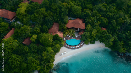 Aerial view luxury tropical resort beach pool jungle island vacation. photo