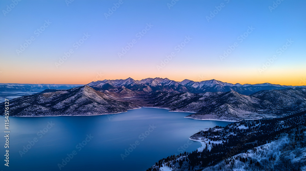 Aerial view of serene winter lake nestled in snow-capped mountains at sunset; ideal for travel brochures. Aerial view of serene winter lake nestled in snow-capped mountains at sunset; ideal for travel brochures.