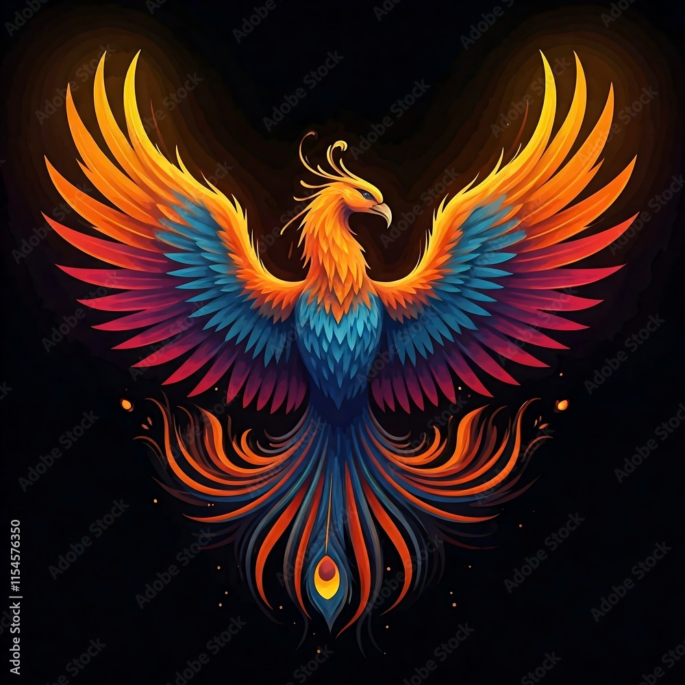 Obraz premium A vibrant and majestic phoenix spreads its wings against a dark background. The bird's plumage shimmers with hues of orange, red, blue, and purple, creating a breathtaking display of color and power