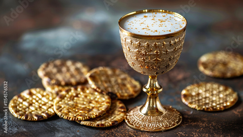 Passover Seder Plate A goblet of wine and matzah on a blurred background. Close-up. photo