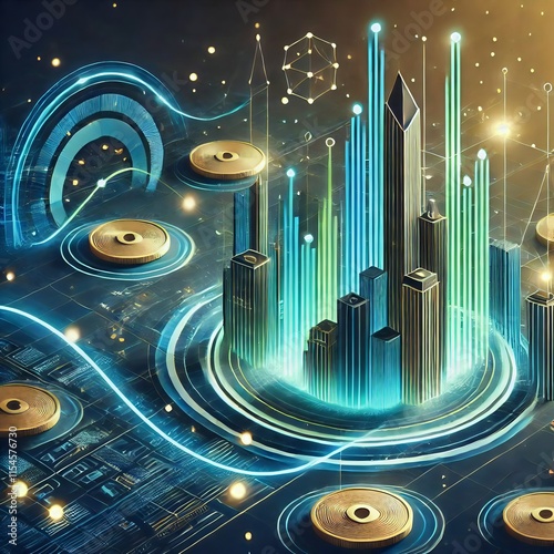 modern abstract generative ai image, business and finance theme, curved growth chart with neon blue and green light lines, futuristic skyscraper silhouettes, floating gold coins, elegant geometric pat