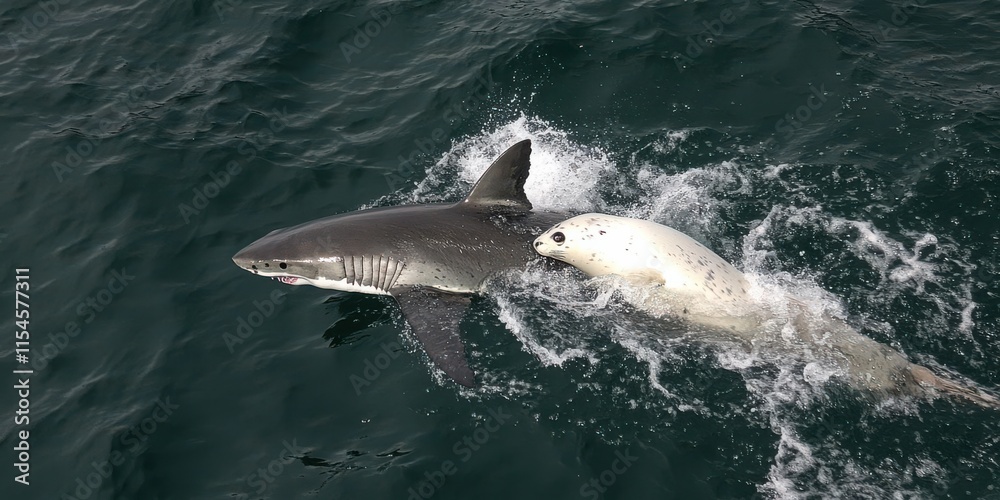 Fototapeta premium A shark chasing a seal in ocean waters, showcasing predator-prey dynamics.