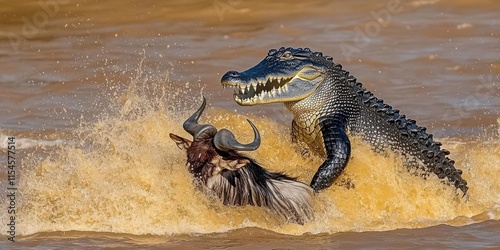 A crocodile attacking a wildebeest in a river, showcasing nature's predator-prey dynamics.