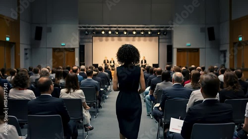 a woman walking towards a stage in a packed conference room. She is viewed from behind, and the audience's heads form a repeating pattern.