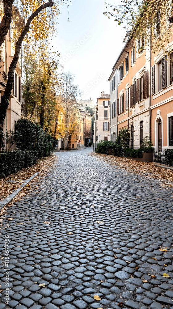 Obraz premium Autumnal Roman cobblestone street, quiet residential neighborhood, golden leaves, travel brochure.