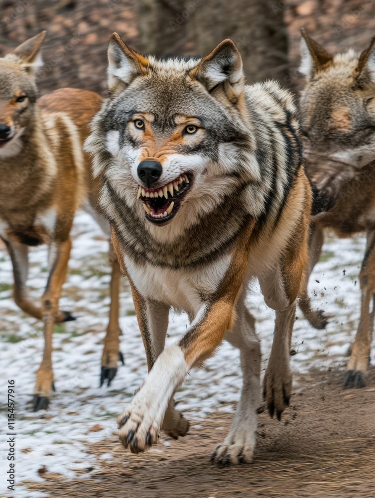 A pack of wolves running through a snowy landscape, showcasing their wild nature.