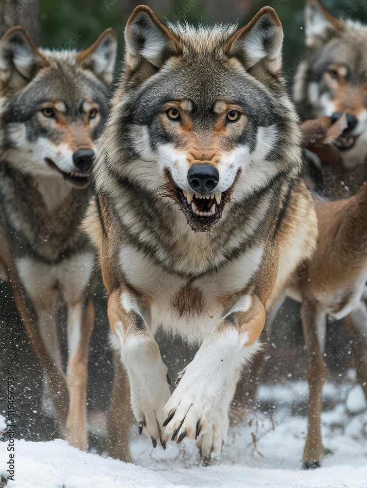 A pack of wolves running through snow, showcasing their strength and agility. A pack of wolves running through snow, showcasing their strength and agility.