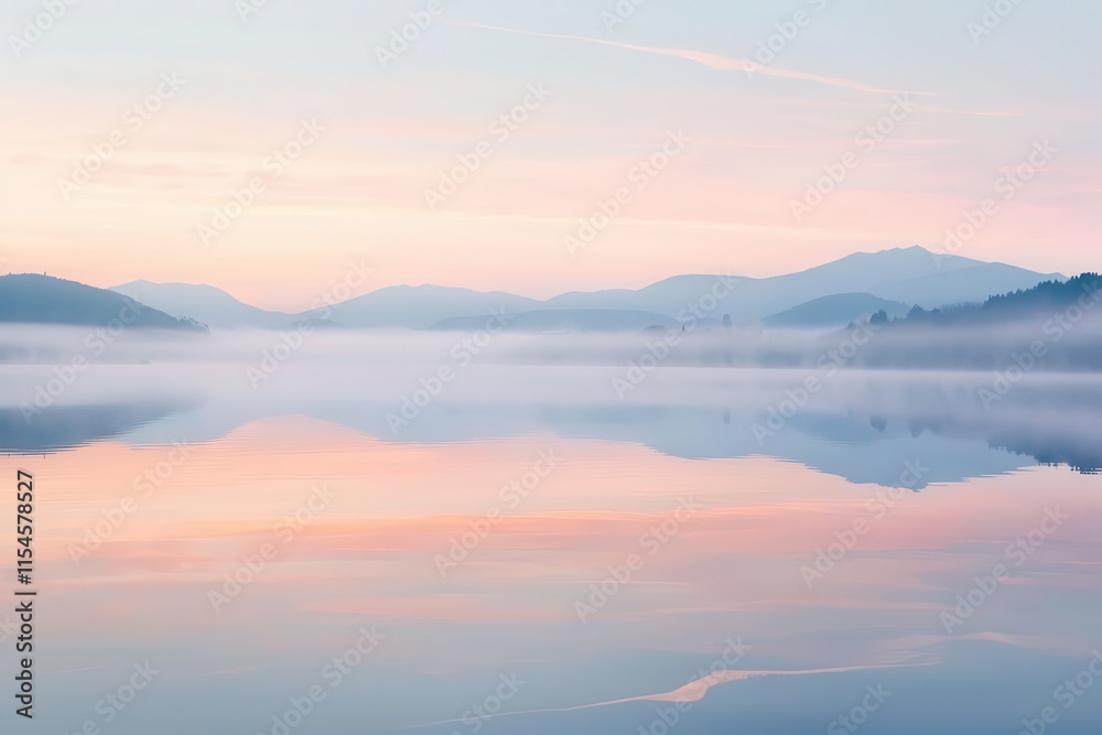 A serene landscape at dawn with mist over a calm lake and distant mountains. A serene landscape at dawn with mist over a calm lake and distant mountains.
