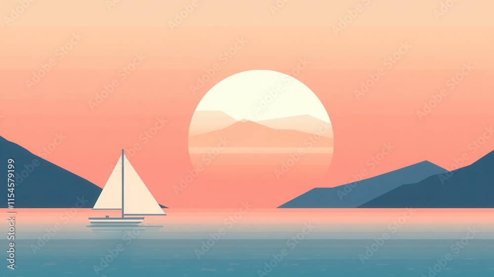 Naklejka premium Serene Sailing Scene at Sunset with Soft Pastel Tones and Calm Waters