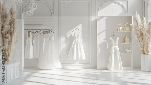 A banner for a bridal shop showcasing wedding dresses and accessories on a clean white setting.