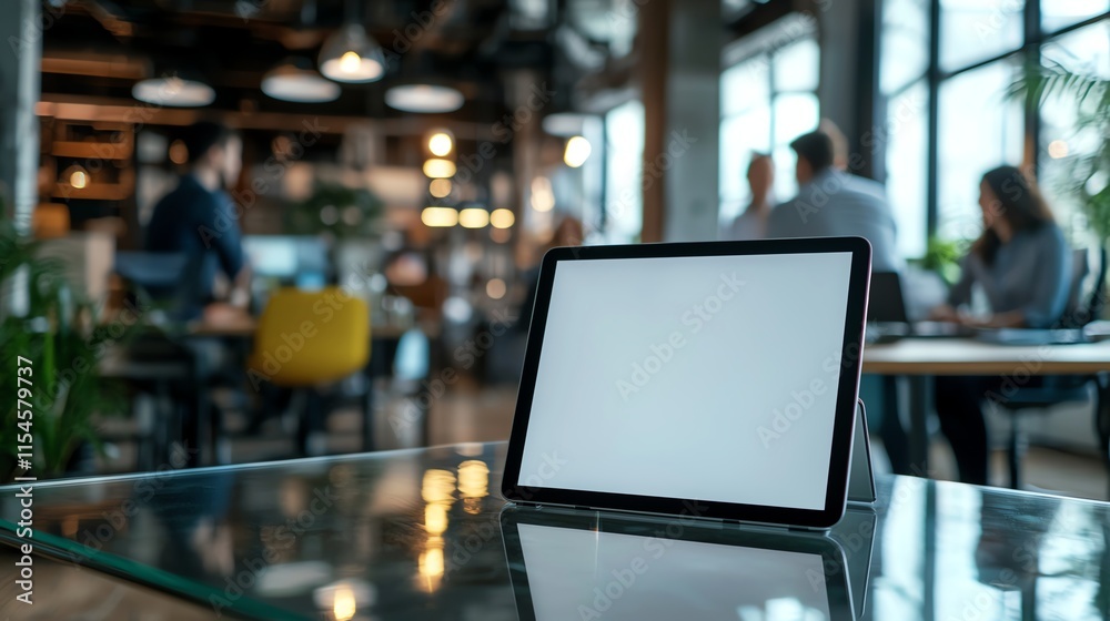 Office tablet with blank screen on glass table, modern workspace. Office tablet with blank screen on glass table, modern workspace.