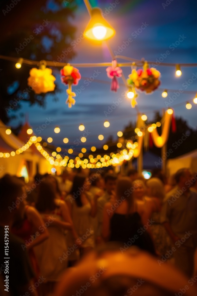 Obraz premium Vibrant Evening Festival Celebration with String Lights and Colorful Decorations