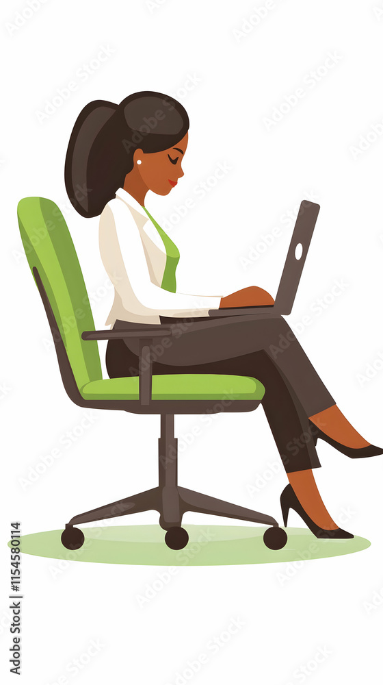 Businesswoman working laptop office chair green background professional illustration. Businesswoman working laptop office chair green background professional illustration.
