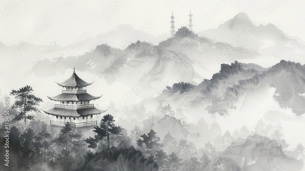 A serene landscape featuring a traditional pagoda amidst misty mountains and trees. A serene landscape featuring a traditional pagoda amidst misty mountains and trees.