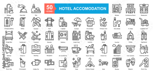 Hotel Accomodation Icon Sheet Shower, Desk Bell, Spa, Restaurant, Luggage Cart, Nightstand, Cleaning Gloves, Room Key, Minibar, Conference Room, Charging Battery, Safety, Karaoke, Gym, Luggage, Sunbed