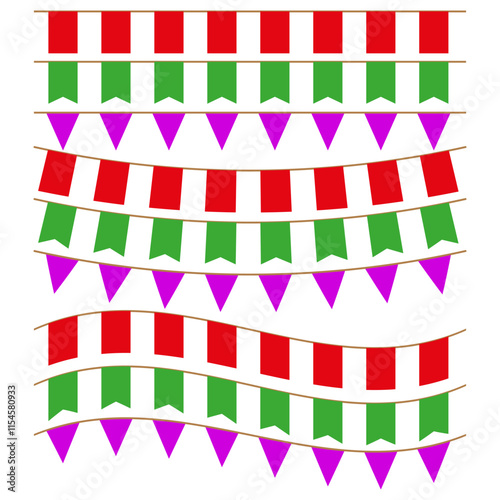 Colorful festive garlands. Holiday decoration banners. Vibrant party elements. Vector flag strings.