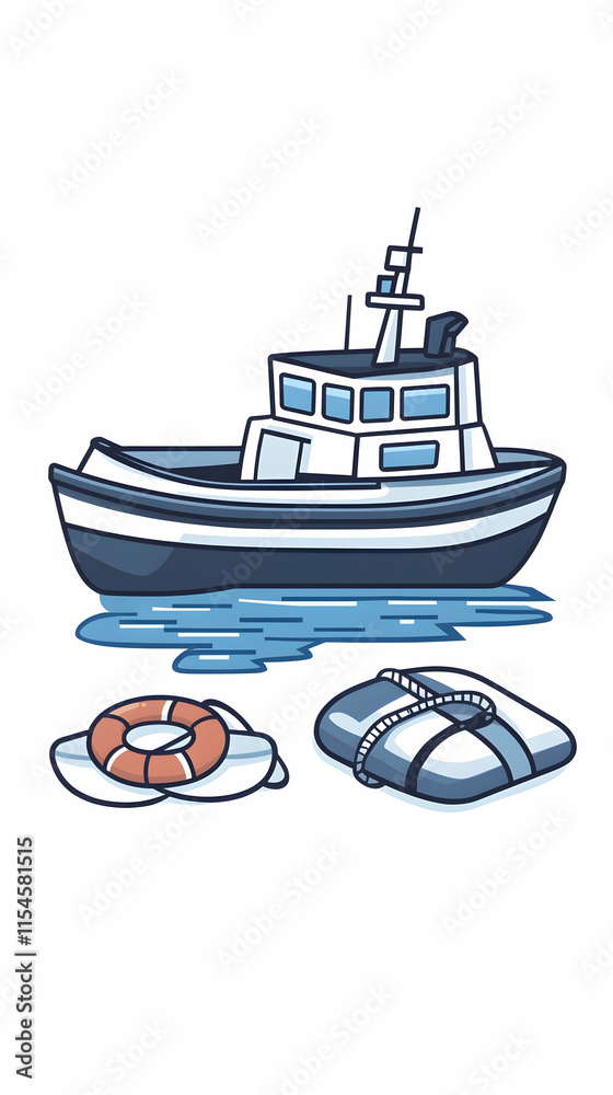 Naklejka premium Coastal Tugboat Safety Illustration, Life Raft, Lifebuoy, Calm Sea, Nautical Design, Travel Brochure.