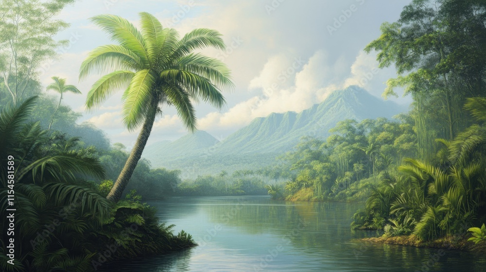 Obraz premium Lush Tropical Landscape with Palm Trees and Serene Mountain Reflection
