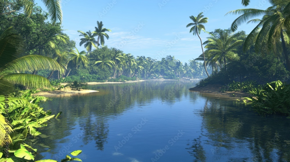 Lush Tropical River Surrounded by Verdant Palm Trees and Clear Blue Sky Lush Tropical River Surrounded by Verdant Palm Trees and Clear Blue Sky