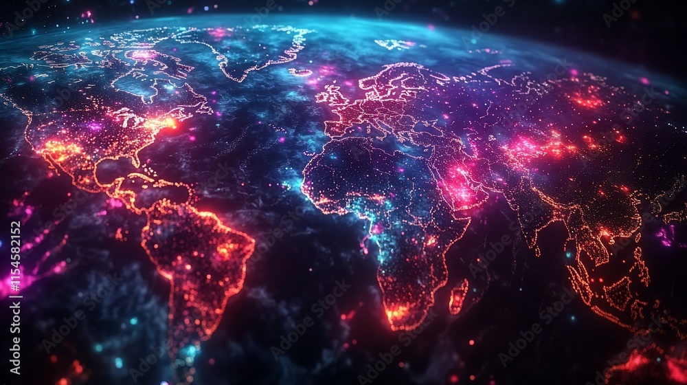 Obraz premium A vibrant digital representation of Earth showcasing illuminated cities at night.