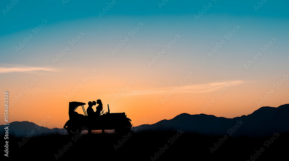 Fototapeta premium Couple Silhouette Kissing in Vintage Car at Sunset, Mountain Landscape, Romantic Travel.