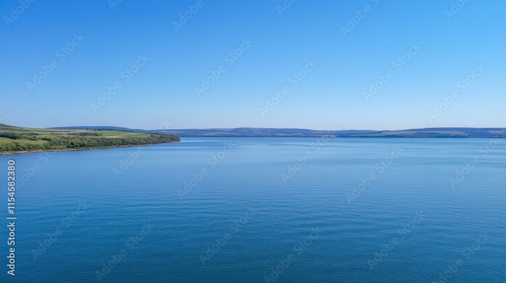 Serene Blue Water Under Clear Sky with Lush Green Hills in Background Serene Blue Water Under Clear Sky with Lush Green Hills in Background