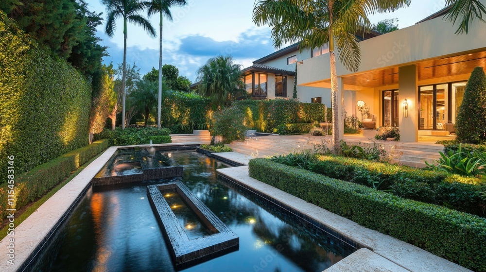 Obraz premium A modern backyard pond with sleek water features, surrounded by well-manicured hedges and decorative lighting.