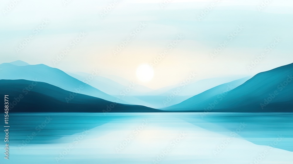 Obraz premium Serene Blue Landscape with Calm Water and Soft Mountains at Sunrise