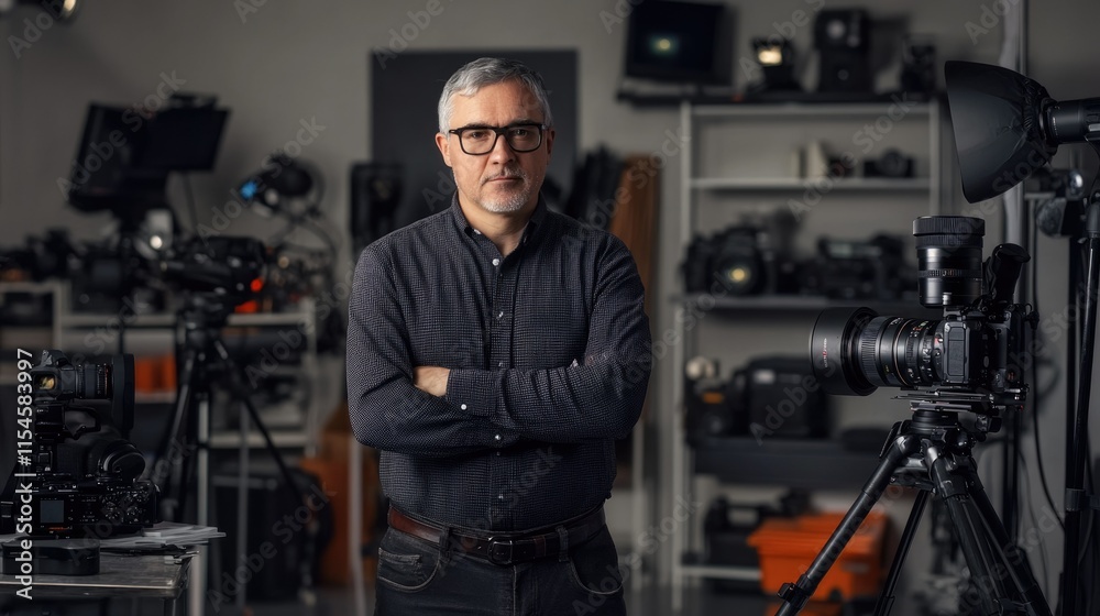 A professional works banner showing a photographer studio setup with cameras, lenses, and lighting equipment. A professional works banner showing a photographer studio setup with cameras, lenses, and lighting equipment.