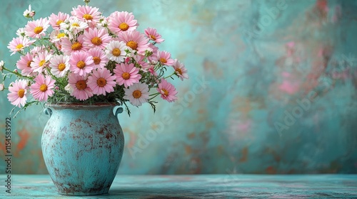 Wallpaper Mural Pink and white daisies in a rustic teal vase against a textured teal background. Torontodigital.ca