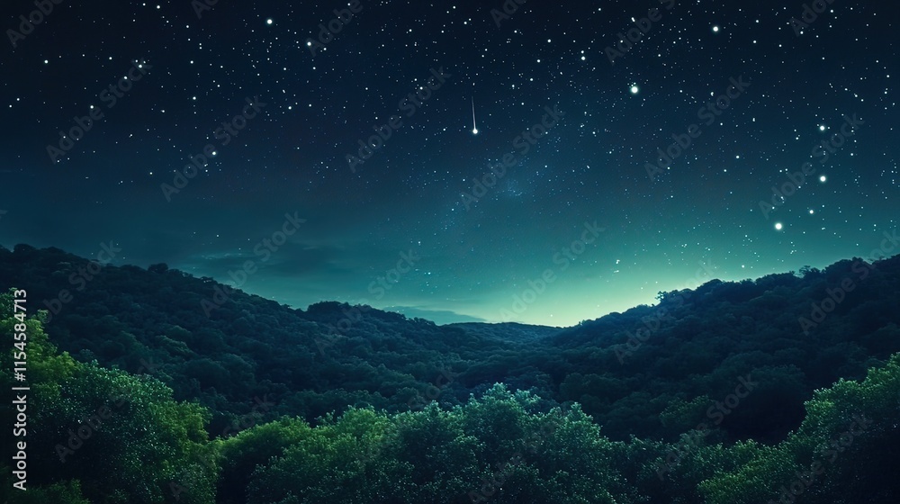 Naklejka premium Starry night sky over a dark green forest landscape with shooting stars.