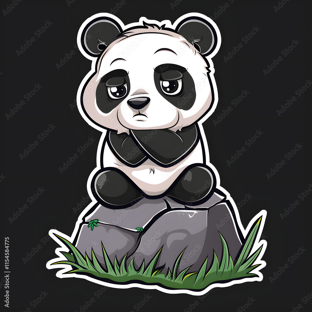 Fototapeta premium A cartoon panda bear is sitting on a rock