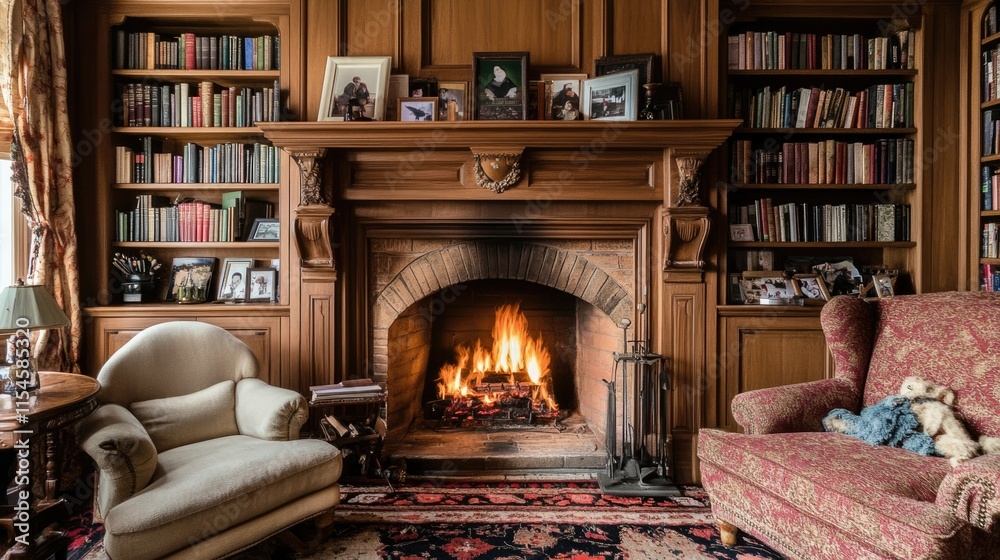 A traditional wooden fireplace with bookshelves on either side, filled with books and family photos.