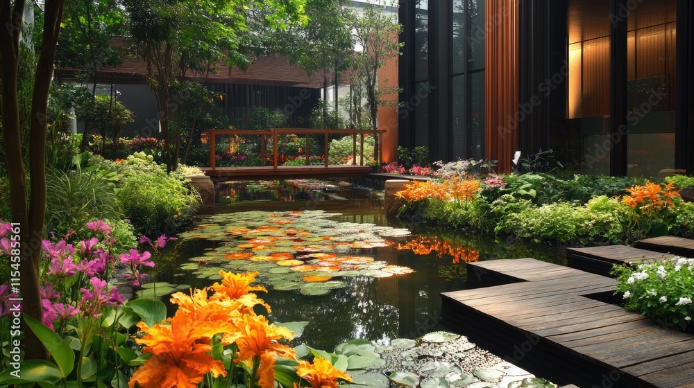 Obraz premium A vibrant garden pond with a mix of exotic flowers, small wooden bridge, and charming stepping stones.