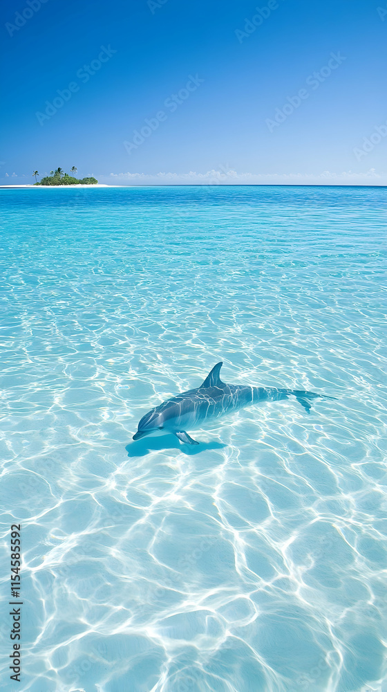 Fototapeta premium Dolphin swimming shallow tropical ocean, island background, travel brochure.