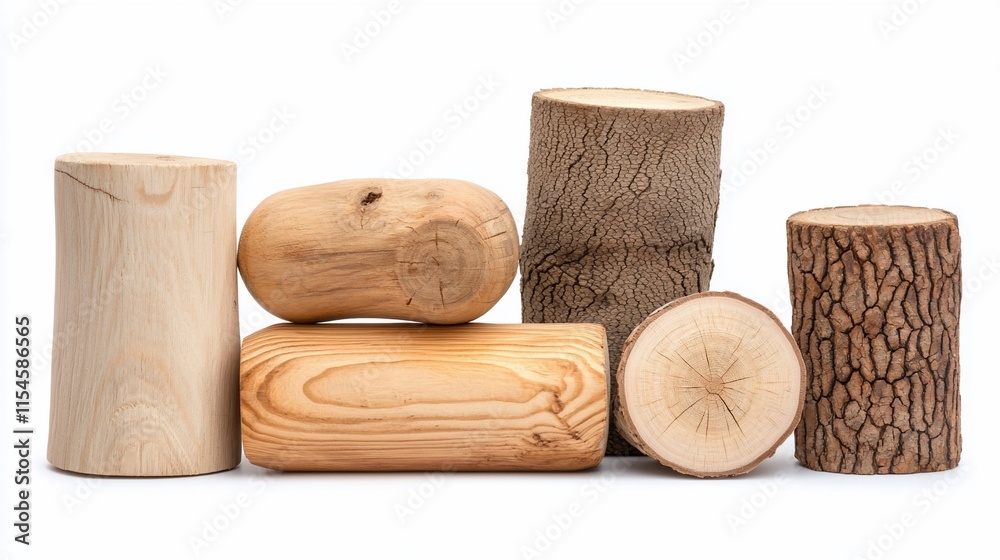 Collection of various wood logs and stumps isolated on white.
