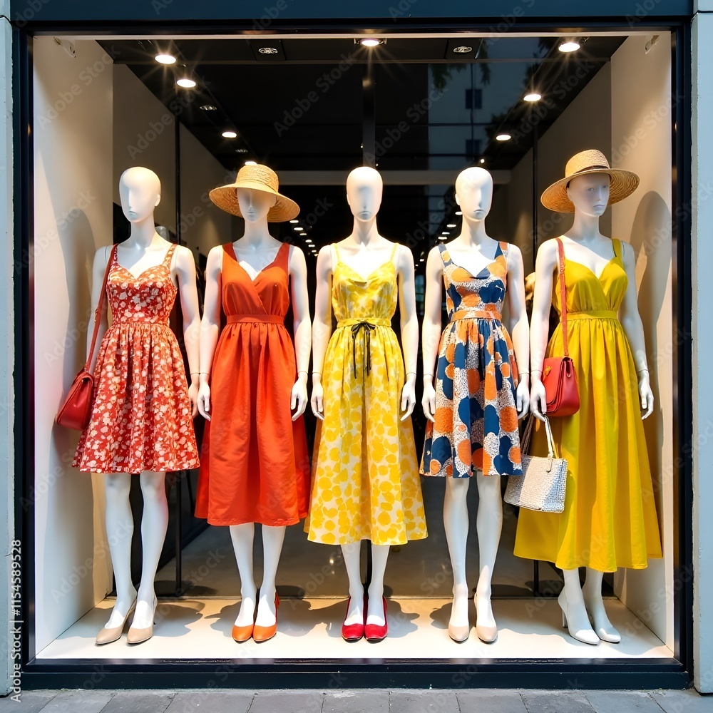 Obraz premium wall display window of a clothing store from the street side, on the mannequins there are bright stylish summer dresses, handbags, shoes, hats