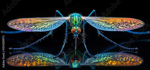 A vivid macro shot of a colorful mosquito with iridescent wings.