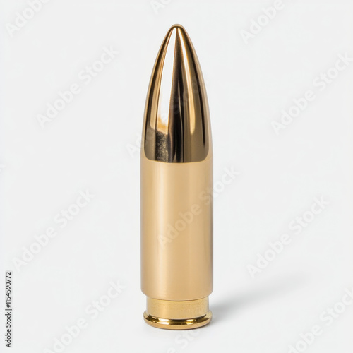 Gold-finished bullet on reflective surface, dramatic lighting casting shadows, symbolizing power and danger. photo