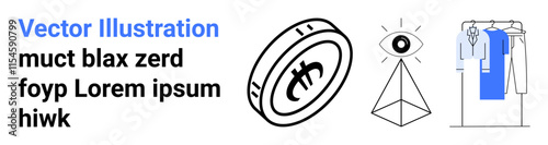 Cryptocurrency coin with currency symbol, Illuminati pyramid eye, clothing rack with assorted garments. Ideal for finance, secrecy, fashion, modern trends, digital currency, conspiracy theories