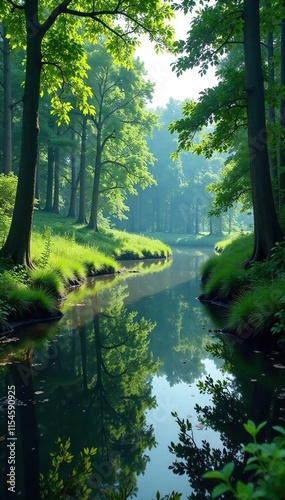 A peaceful forest marsh with still water and lush vegetation surrounding it, scenery, water, wildlife