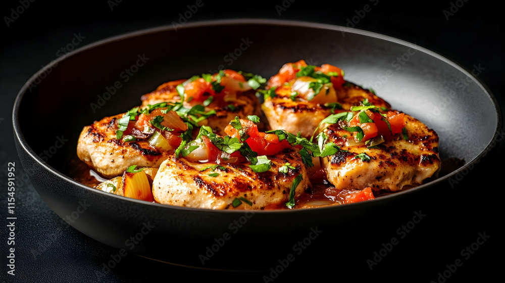 Grilled Chicken Medallions with Salsa in Black Pan, Dark Background, Food Photography, Recipe Illustration. Grilled Chicken Medallions with Salsa in Black Pan, Dark Background, Food Photography, Recipe Illustration.