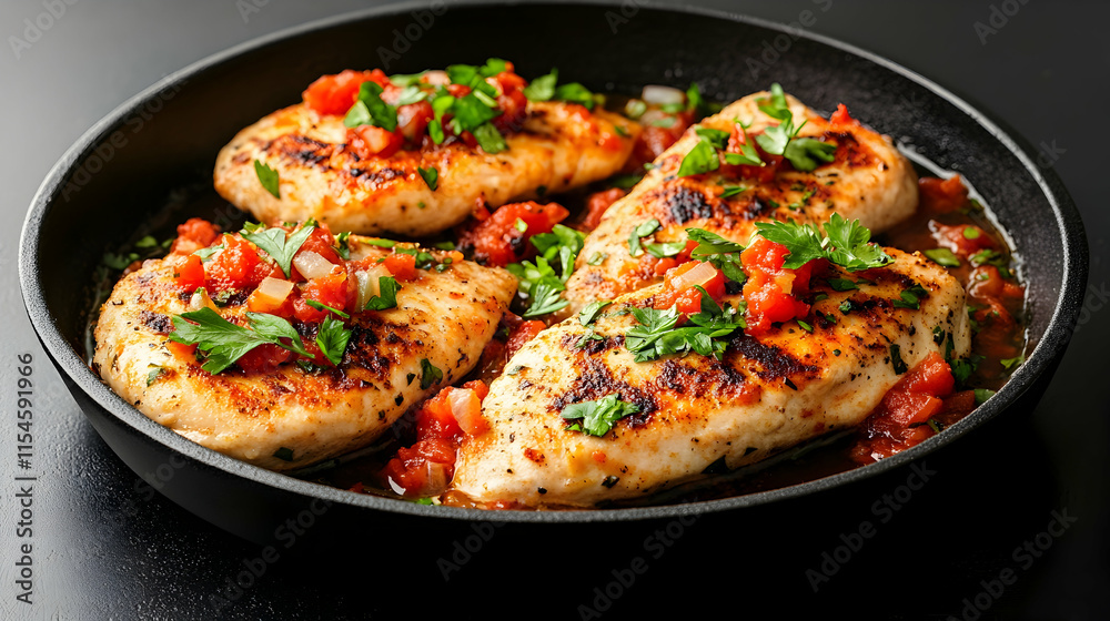 Grilled chicken breasts with tomato salsa in pan, dark background, restaurant menu, food photography. Grilled chicken breasts with tomato salsa in pan, dark background, restaurant menu, food photography.