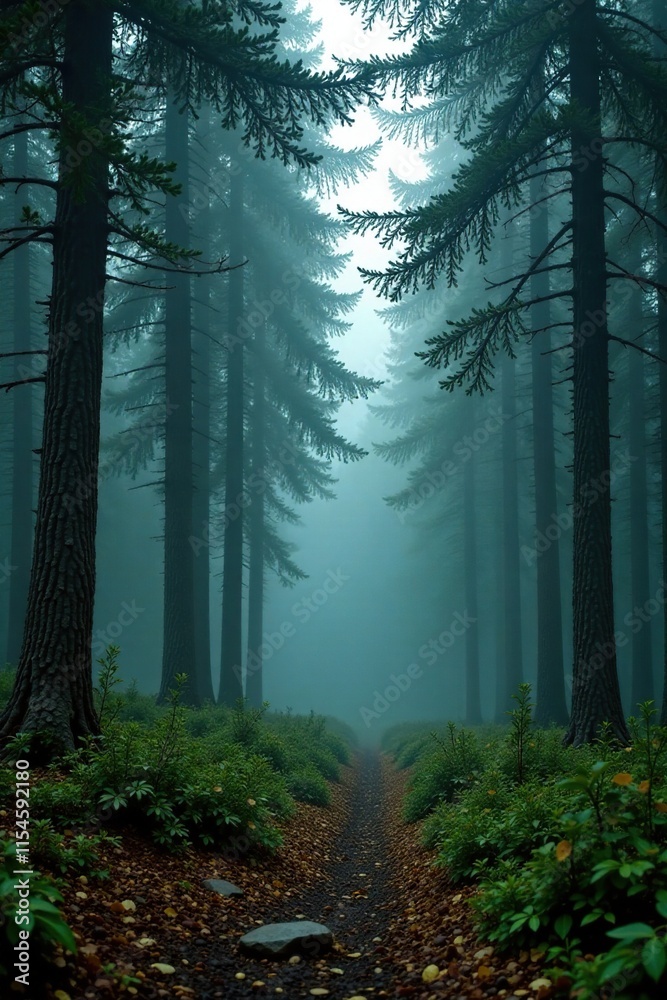 Fototapeta premium Dense foliage of juniperus trees in a misty forest, mist, flora, forests