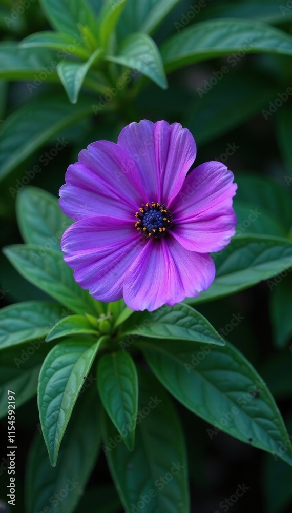 Dense foliage surrounds a majestic purple flower, blooms, , purple Dense foliage surrounds a majestic purple flower, blooms, , purple