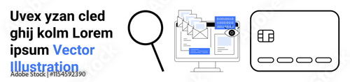 Magnifying glass, computer screen displaying email inspection with suspicious elements, credit card. Ideal for cybersecurity, data protection, financial security, online safety, internet fraud
