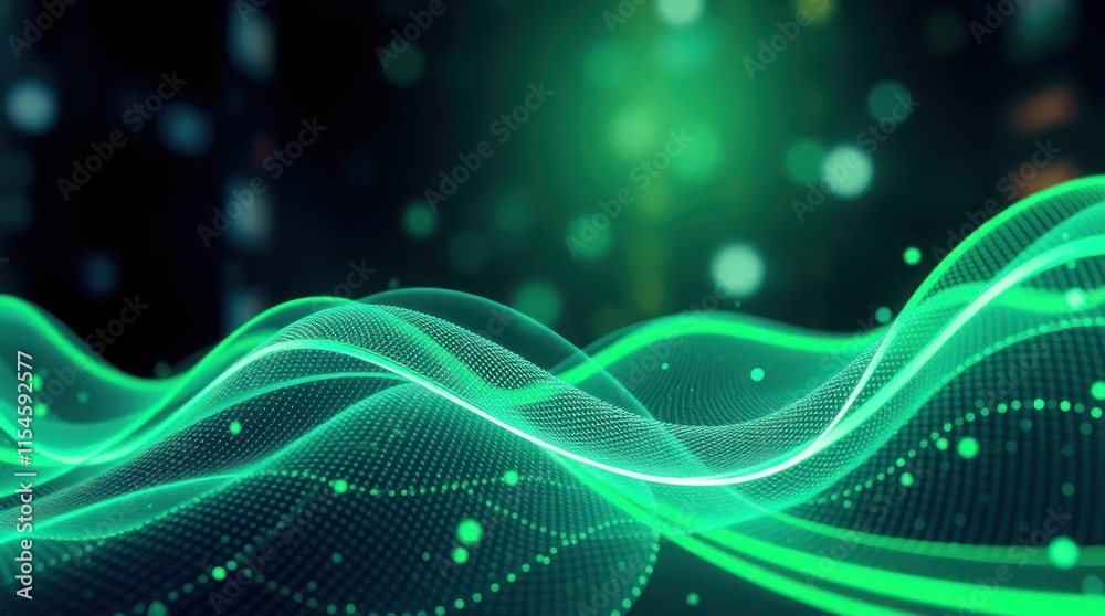 Abstract green wave design with glowing particles, suggesting technology and digital themes. Abstract green wave design with glowing particles, suggesting technology and digital themes.