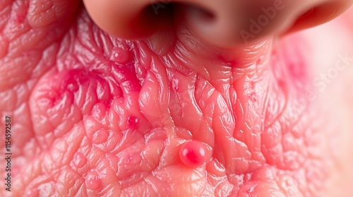 An extreme macro close-up of zoom skin disease allergic reaction, vibrant and energetic, showcasing minute details in bright colors
