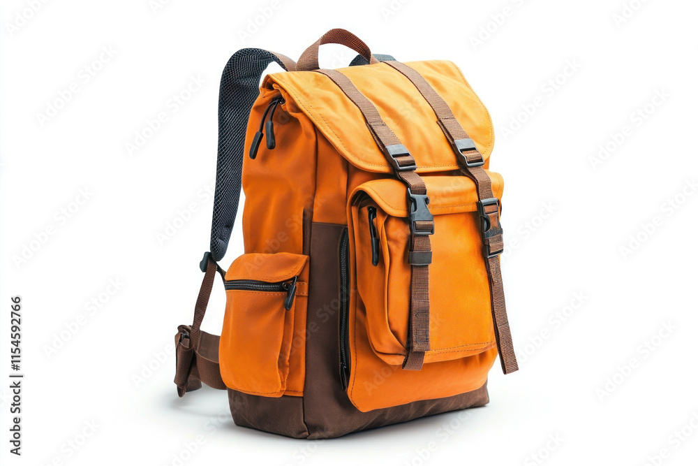 Backpack with brown leather handle against rustic wooden background. Backpack with brown leather handle against rustic wooden background.