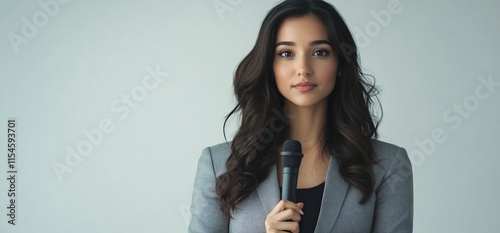 A woman in a suit holding a microphone, ready to speak or present.